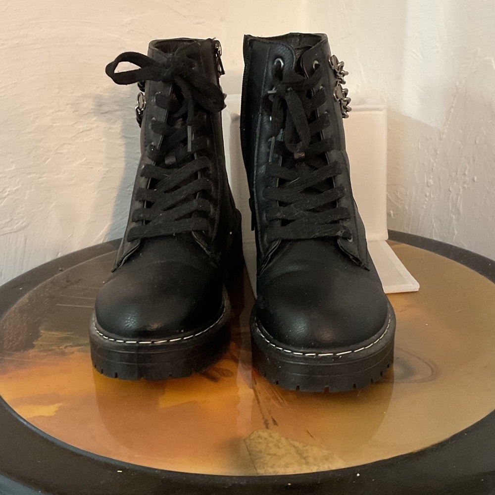 Mari A Chain Embellished Combat Boots, 9M, Black/Silver